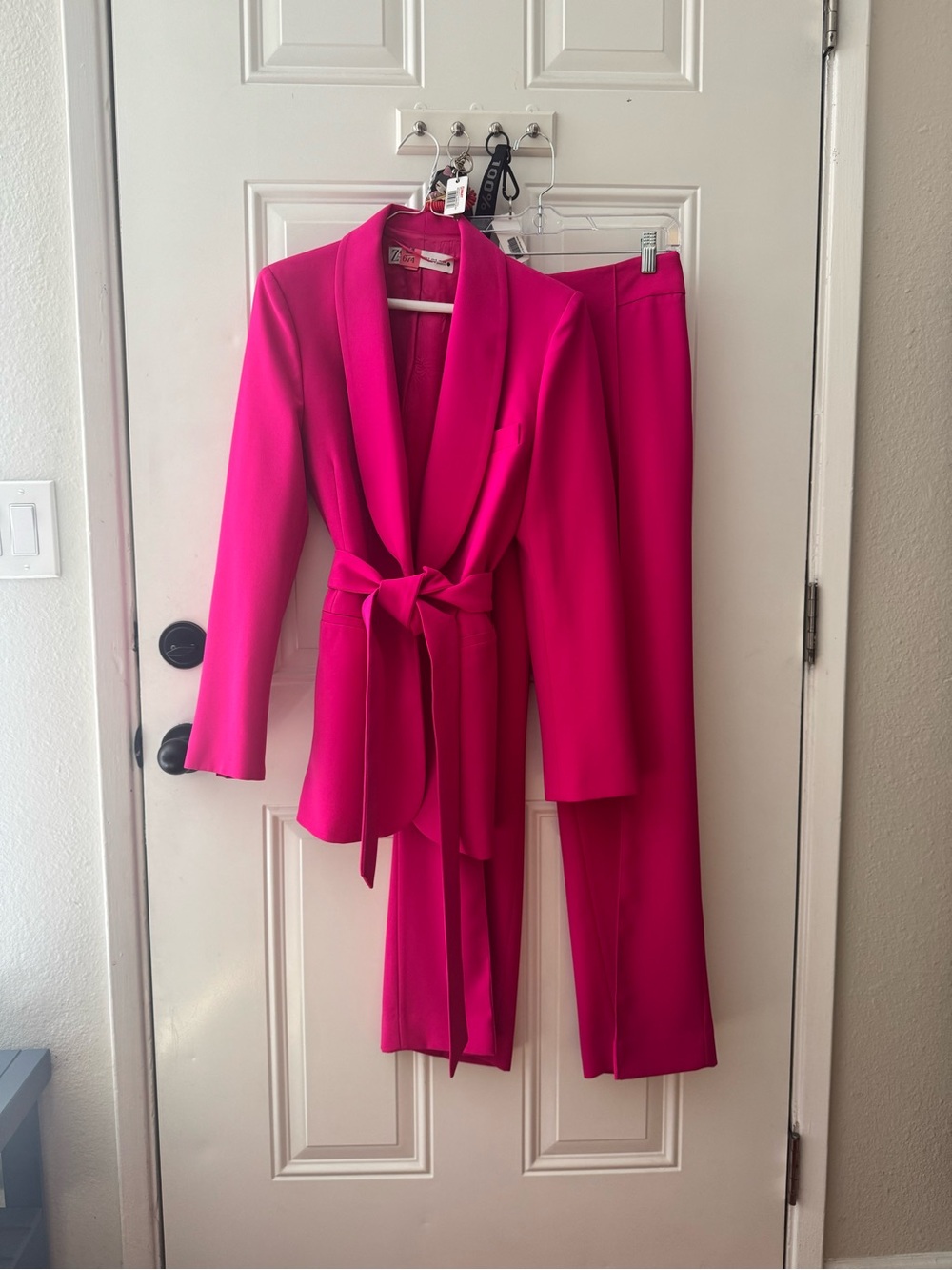 Zara Hot Pink Belted Blazer and Flowy Pants Suit Set S